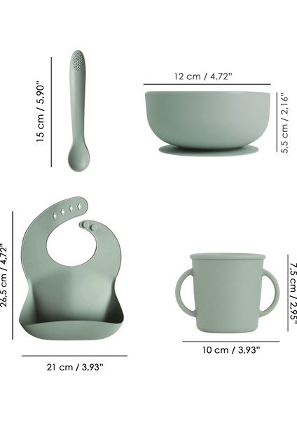 4'lü Silikon Bebek Beslenme Seti- Vakumlu Kase - Mama Önlüğü - Kulplu Bardak - Kaşıyıcı Kaşık -Yeşil indirimleri