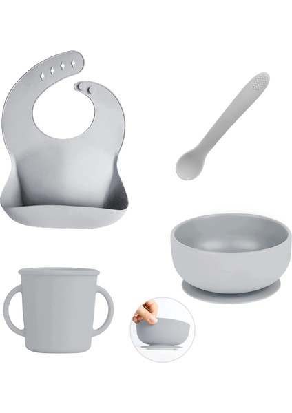 4'lü Silikon Bebek Beslenme Seti- Vakumlu Kase - Mama Önlüğü - Kulplu Bardak - Kaşıyıcı Kaşık -Gri