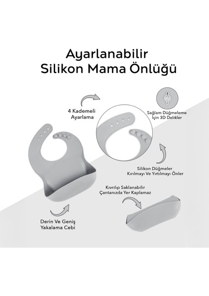 4'lü Silikon Bebek Beslenme Seti- Vakumlu Kase - Mama Önlüğü - Kulplu Bardak - Kaşıyıcı Kaşık -Gri fiyatları