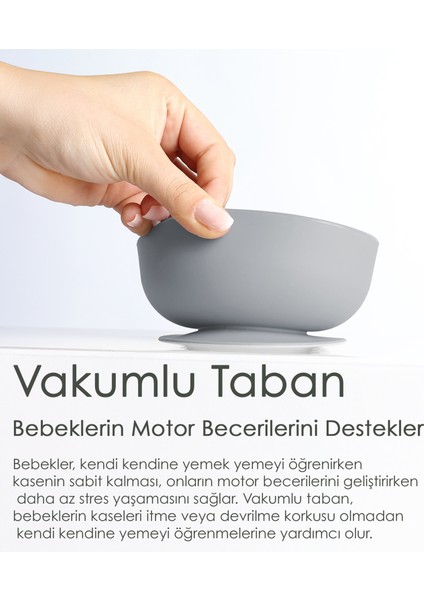 4'lü Silikon Bebek Beslenme Seti- Vakumlu Kase - Mama Önlüğü - Kulplu Bardak - Kaşıyıcı Kaşık -Gri modelleri