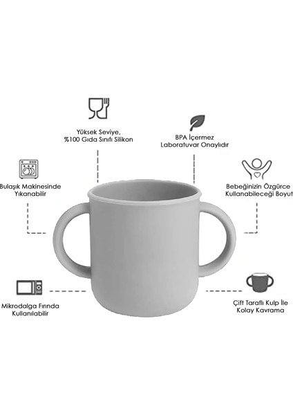 4'lü Silikon Bebek Beslenme Seti- Vakumlu Kase - Mama Önlüğü - Kulplu Bardak - Kaşıyıcı Kaşık -Gri fırsatları