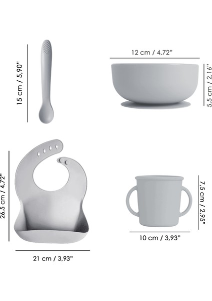 4'lü Silikon Bebek Beslenme Seti- Vakumlu Kase - Mama Önlüğü - Kulplu Bardak - Kaşıyıcı Kaşık -Gri indirimleri