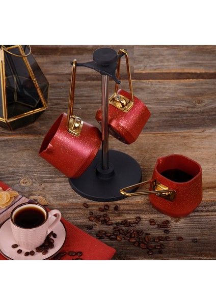 4 Parça Red Kare Cezve Seti (200,400,600 ml Cezve + Stant)