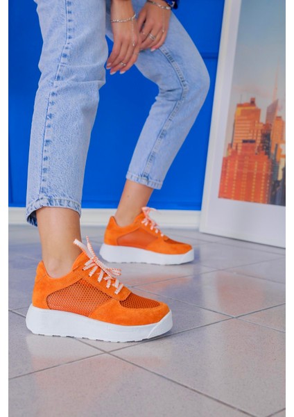 Alanla Model 4 cm Tabanlı File Detaylı Snekars Spor Ayakkabı Turuncu