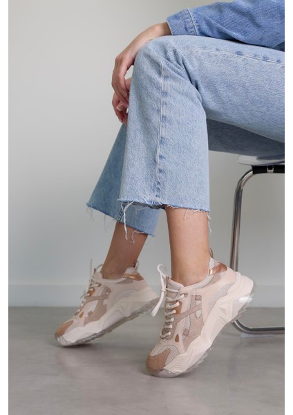Reiana Model 5 Cm Tabanlı Yeni Sezon Spor Ayakkabı Sneakers Bej.Rose