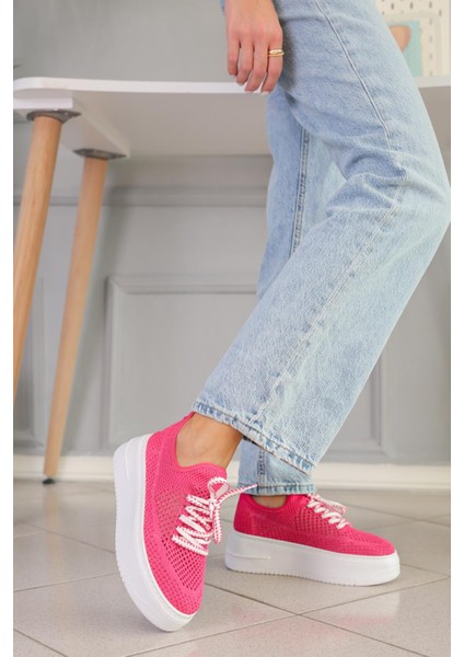 Morgona Model 5 cm Triko Detaylı Yeni Sezon Sneakers Spor Ayakkabı Fusya