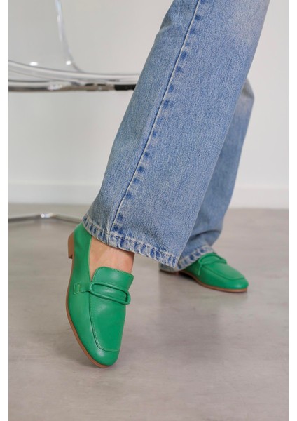 Pillow Model Gerçek Orjinal Deri Babet Loafer Yesıl