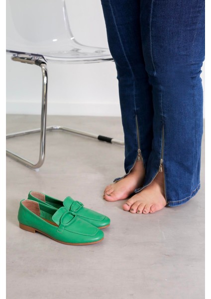 Pillow Model Gerçek Orjinal Deri Babet Loafer Yesıl modelleri