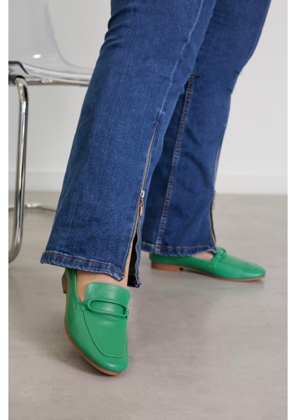 Pillow Model Gerçek Orjinal Deri Babet Loafer Yesıl fırsatları