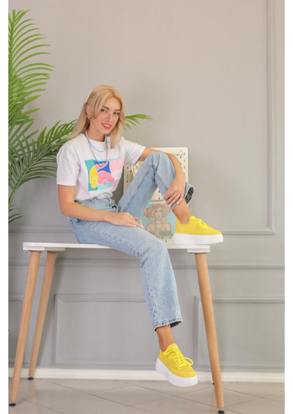 Morgona Model 5 cm Triko Detaylı Yeni Sezon Sneakers Spor Ayakkabı Sarı fırsatları