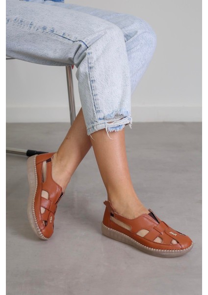 SY73 Model 3 cm Tabanlı Ortapedik Tabanlı Orjinal Deri Ayakkabı Babet Taba