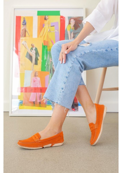 Essece Model Orjinal Deri Babet Loafer Oranj