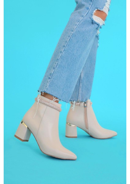 Ladyaa 5 cm Topuklu Taş Detaylı Bot Ten modelleri