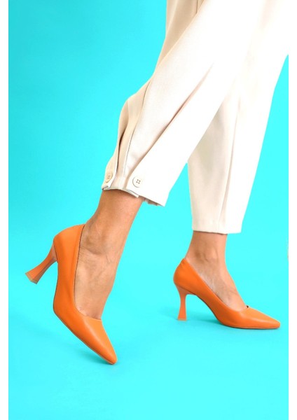Elon Model 8 cm Topuklu Yeni Sezon Topuklu Aykakabı Stiletto Turuncu