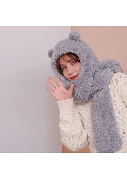 Kids Hoody Kapşonlu Peluş Bere Atkı Kadın Welsoft Polar Kaşkol Boyunluk Şalı Rüzgar Geçirmez Kulaklı Şapka fiyatları