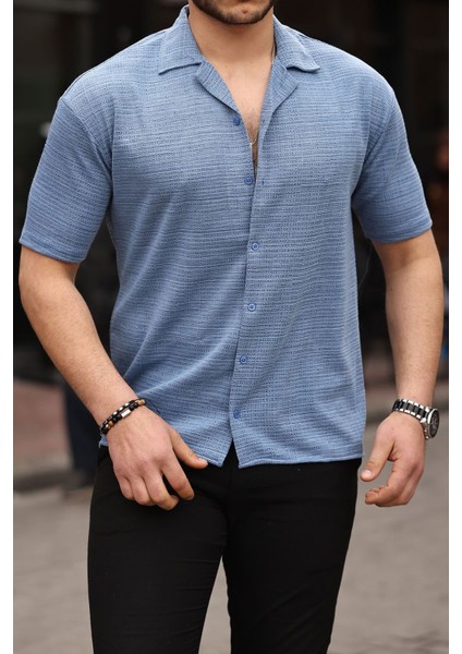 4068 Örme Rahat Kalıp Kısa Kol Gömlek _mavi