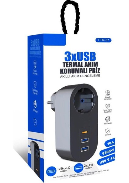 The Wlue Tekli Akım Korumalı Duvar Prizi Isıya Dayanıklı 2xusb 2.1A 1xtype-C