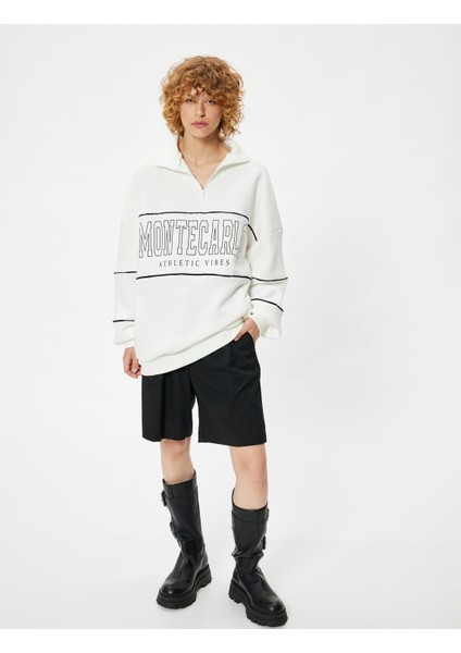 Oversize Sweatshirt Yarım Fermuarlı Kolej Baskılı Şardonlu fiyatları
