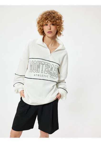 Oversize Sweatshirt Yarım Fermuarlı Kolej Baskılı Şardonlu modelleri