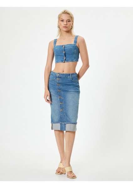 x Melis Ağazat Yüksek Bel Midi Kot Etek