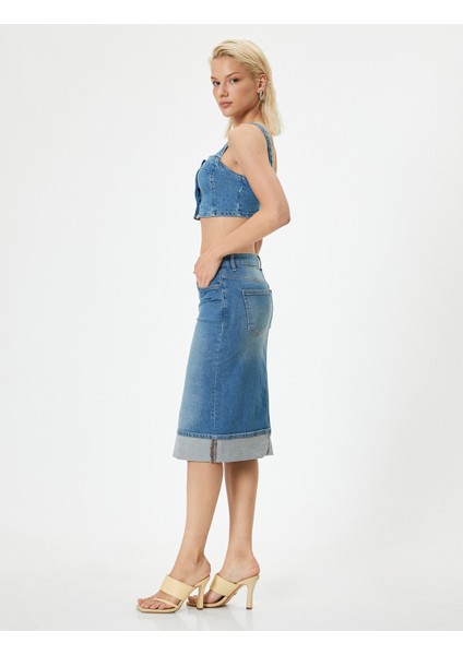 x Melis Ağazat Yüksek Bel Midi Kot Etek fiyatları