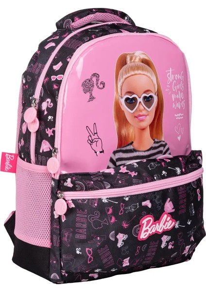 Barbie Parlak Desenli Büyük Boy 3 Bölmeli Cepli Çocuk Okul Sırt Çantası Siyah-Pembe