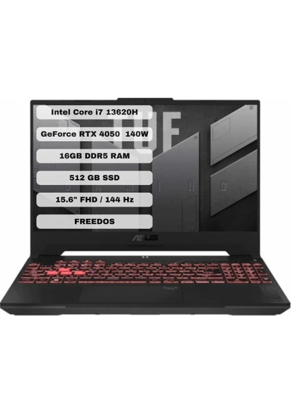 TUF Gaming F15 FX507VU-LP141 Intel Core i7 13620H 16GB 512GB SSD RTX4050-140 WATT  Freedos 15.6" 144 Hz FHD Taşınabilir Bilgisayar