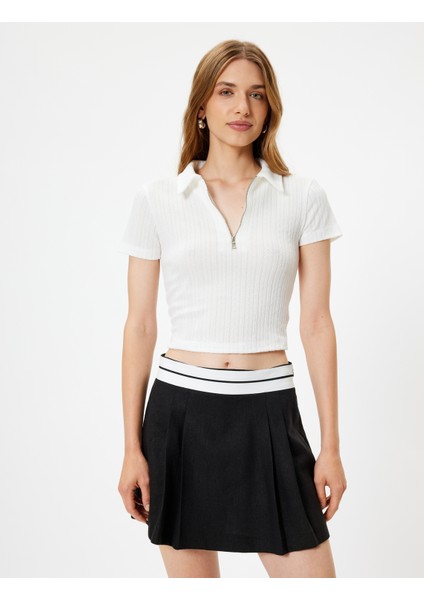 Polo Crop Tişört Yarım Fermuar Detaylı Kısa Kollu Dokulu modelleri