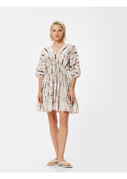 x Şahika Ercümen - Mini Balon Kol Elbise Batik Desenli V Yaka Katlı Pamuklu