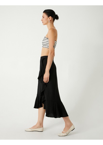 x Melis Ağazat Kruvaze Midi Boy Etek Asimetrik Fırfırlı Viskon Rahat Kalıp