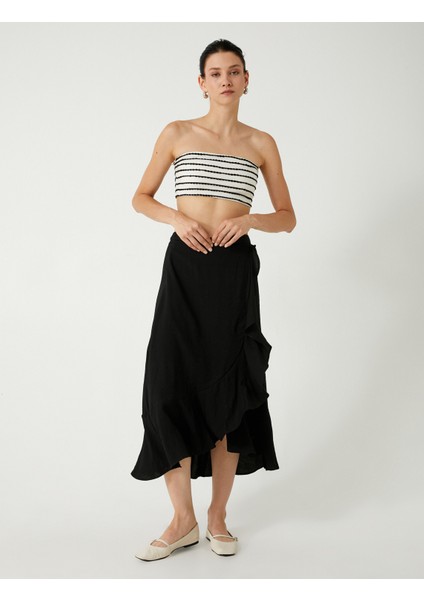 x Melis Ağazat Kruvaze Midi Boy Etek Asimetrik Fırfırlı Viskon Rahat Kalıp fiyatları