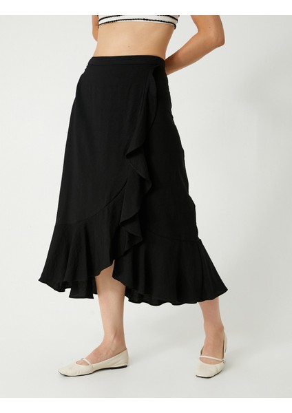 x Melis Ağazat Kruvaze Midi Boy Etek Asimetrik Fırfırlı Viskon Rahat Kalıp modelleri