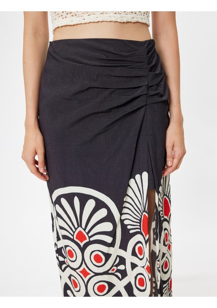 x Melis Ağazat Midi Boy Çiçekli Etek Kruvaze Yırtmaçlı Viskon Kumaş indirimleri