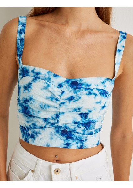 x Şahika Ercümen - Askılı Crop Büstiyer Batik Desenli Drape Detaylı