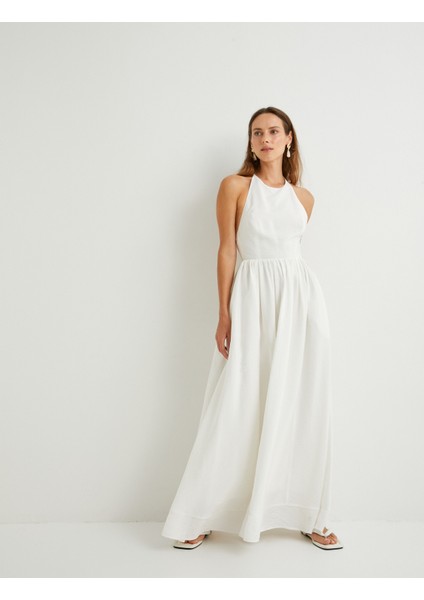 x Şahika Ercümen - Halter Yaka Viskon Uzun Elbise Astarlı Tencel™ Kumaş