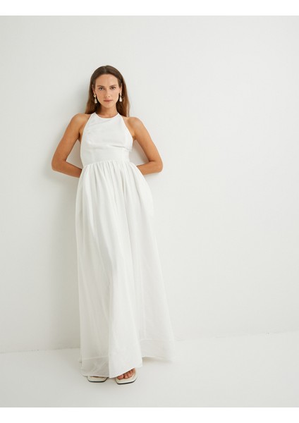 x Şahika Ercümen - Halter Yaka Viskon Uzun Elbise Astarlı Tencel™ Kumaş