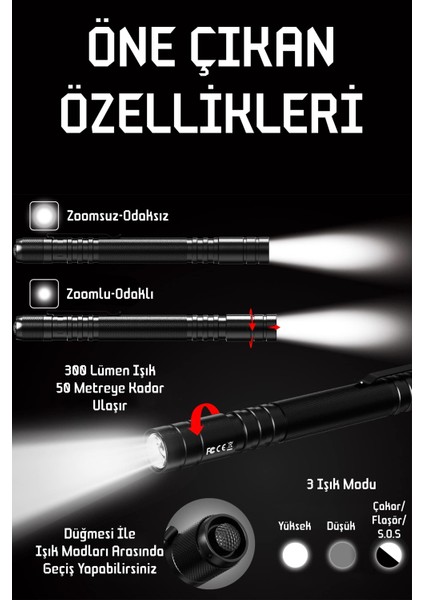 3 Mod Şarjlı LED Kalem Tipi El Feneri Zoomlu Flaşörlü Polis Feneri 5 Watt Beyaz Işık 300 Lümen