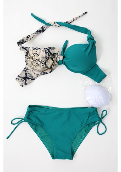 Kadın Turkuaz Bej Taş Bloklu Yüksek Bel Toparlayıcı Bikini Takım HZL24S-LC3335