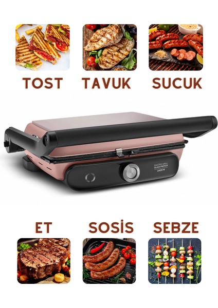 Gastro Grill Glass Premium 2400W Tost ve Izgara Makinesi Rosegold C / F