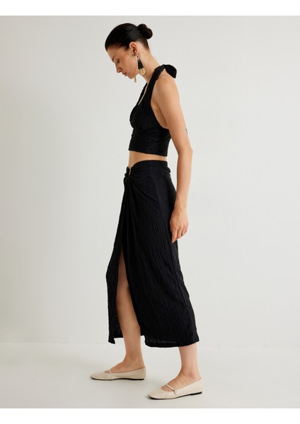 x Melis Ağazat Midi Boy Kruvaze Etek Dokulu Aksesuar Detaylı fiyatları