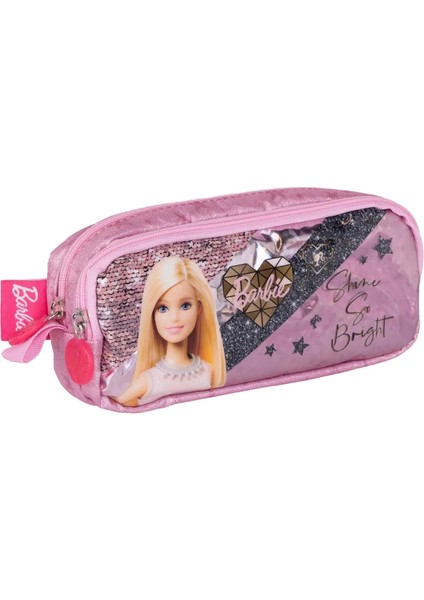 Barbie Okul Kalem Kutusu Çift Bölmeli Çocuk Bez Kalem Çantası Pudra Pembe