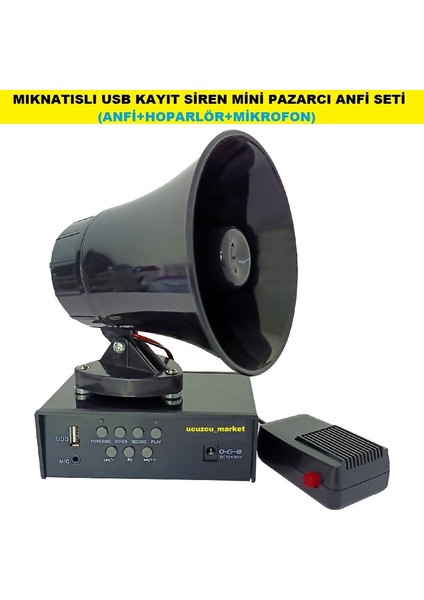 Mıknatıslı USB Kayıt Siren Mini Pazarcı Anfi Seti (Anfi+Hoparlör+Mikrofon)
