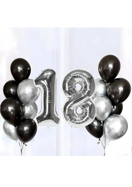 18 Yaş Doğum Günü Partisi Siyah Gümüş Folyo Helyum Balon Seti Erkek 18 Yaş Partisi