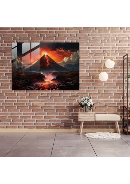 Gerçeküstü Volkan Cam Duvar Tablosu - Volkan, Mozaik Manzara, Cam Baskı, 45X30