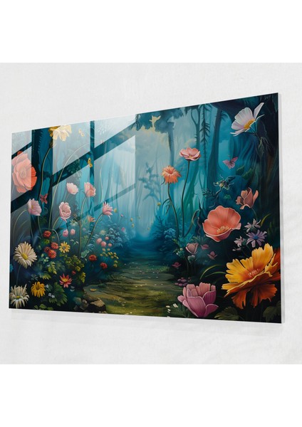 Sürrealizm Sanatı Modern Sanat - Büyük Boy Çiçekli Büyülü Orman - Sürrealizm Sanatı, Büyülü Dekor, Temalı, Cam Baskı, 45X30