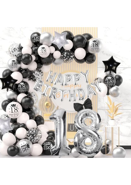 18. Yaş Doğum Günü Dekorasyonu, Balon, Çelenk, Siyah, Beyaz, Gümüş