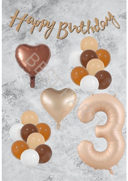 Kum Beji Kalp Rakamfolyo Latex Balon ve Bannerlı Set Yaş 3