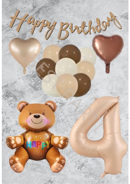 Kum Beji Rakam Kalp Ayıcıklı Folyo Balon Seti Yaş 4