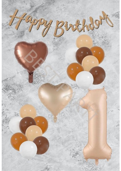 Kum Beji Kalp Rakamfolyo Latex Balon ve Bannerlı Set Yaş 1