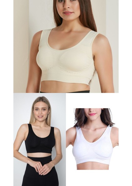Toparlayıcı Sıkılaştırıcı Pedli Sütyen 3'lü Paket (Siyah-Beyaz-Ten Rengi)